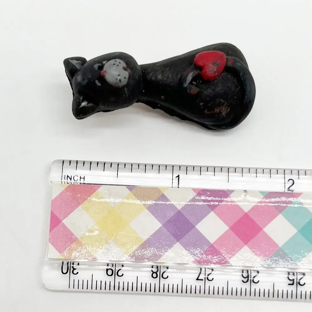 🔥 Vintage 80s Hand Painted Black Cat Heart Pin Brooch Handmade Hand Crafted